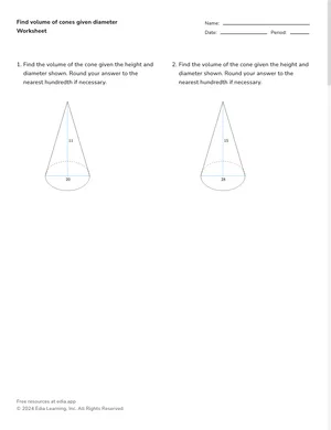 Find volume of cones given diameter worksheet preview