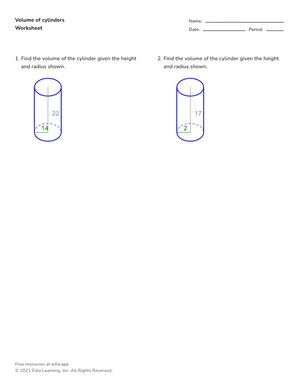 Find volume of cylinders given radius worksheet preview