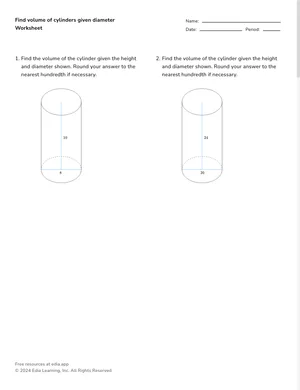 Find volume of cylinders given diameter worksheet preview