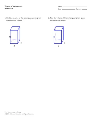 Find volume of basic prisms worksheet preview