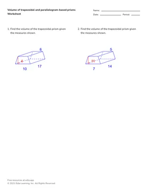 Find volume of trapezoidal and parallelogram-based prisms worksheet preview