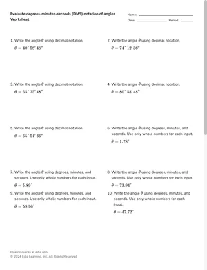 Evaluate degrees-minutes-seconds (DMS) notation of angles worksheet preview