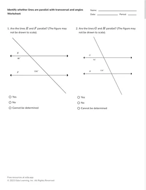 Identify whether lines are parallel with transversal and angles worksheet preview