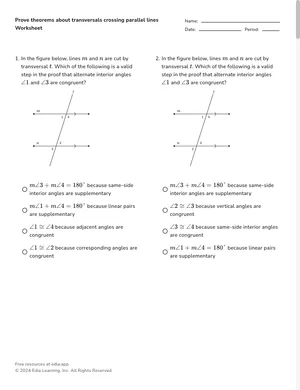 Prove theorems about transversals crossing parallel lines worksheet preview