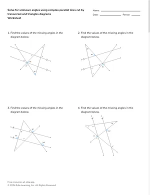 Solve for unknown angles using complex parallel lines cut by transversal and triangles diagrams worksheet preview