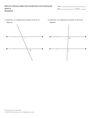 Solve for unknown angles from parallel lines and a transversal worksheet preview