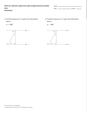 Solve for unknown angle from right triangle between parallel lines worksheet preview