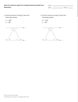 Solve for unknown angle from triangle between parallel lines worksheet preview
