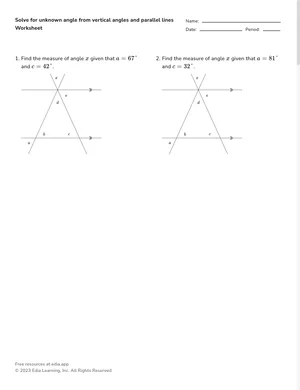 Solve for unknown angle from vertical angles and parallel lines worksheet preview
