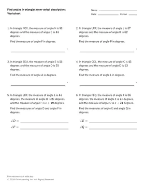 Find angles in triangles from verbal descriptions worksheet preview