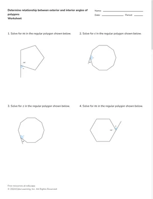 Determine relationship between exterior and interior angles of polygons worksheet preview