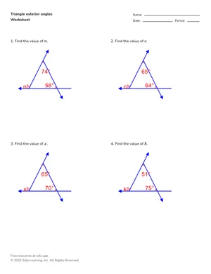 Identify interior and exterior angles of triangles worksheet preview