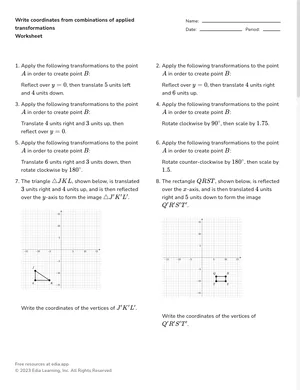 Write coordinates from combinations of applied transformations worksheet preview