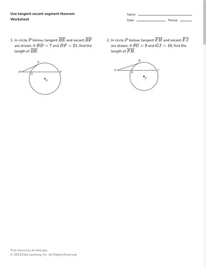 Evaluate circles with intersecting secants and tangents worksheet preview