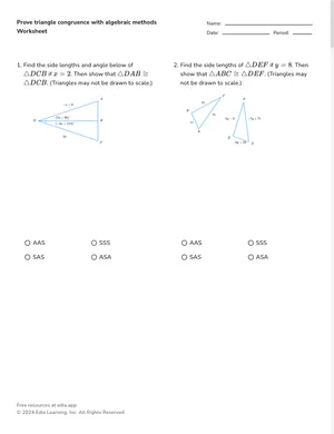 Prove triangle congruence with algebraic methods worksheet preview