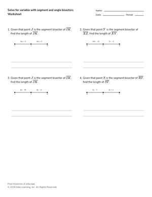 Solve for variable with segment and angle bisectors worksheet preview