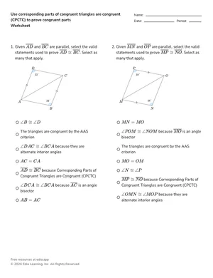Use corresponding parts of congruent triangles are congruent (CPCTC) to prove congruent parts worksheet preview