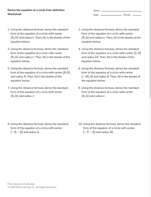 Derive the equation of a circle from definition worksheet preview