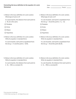 Connect the locus definition to the equation of a conic worksheet preview