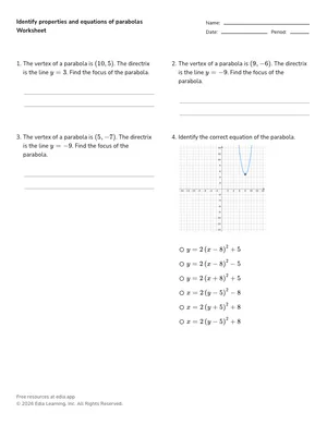 Identify properties and equations of parabolas worksheet preview