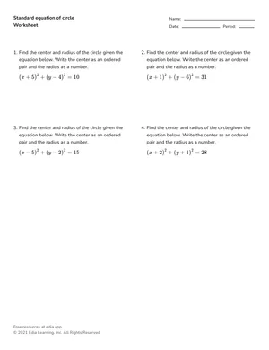 Formulate standard equation of circles worksheet preview
