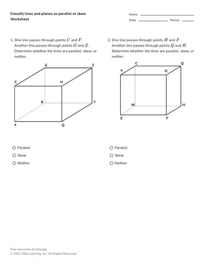Classify lines and planes as parallel or skew  worksheet preview