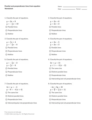 Identify parallel and perpendicular lines from equation worksheet preview