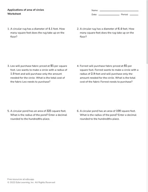 Solve applications of areas of circles worksheet preview
