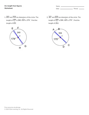 Find arc length from figures (degrees) worksheet preview