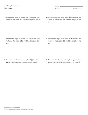 Determine arc length and measurement (radians) worksheet preview