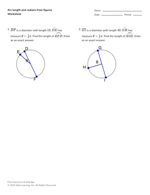 Find arc length and measurement from figures (radians) worksheet preview