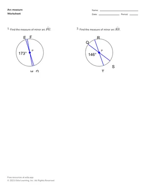Determine arc measurement (degrees) worksheet preview