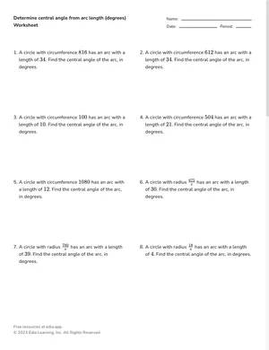 Determine central angle from arc length (degrees) worksheet preview
