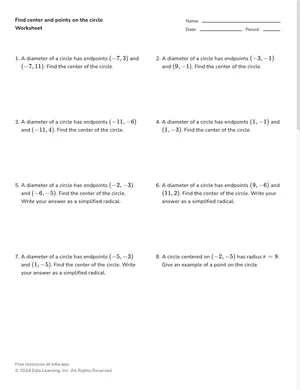 Find center and points on the circle worksheet preview