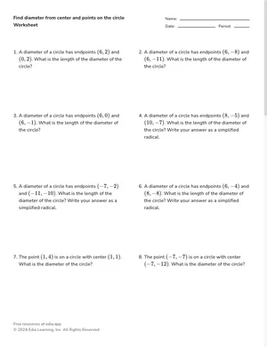 Find diameter from center and points on the circle worksheet preview