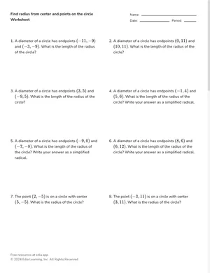Find radius from center and points on the circle worksheet preview