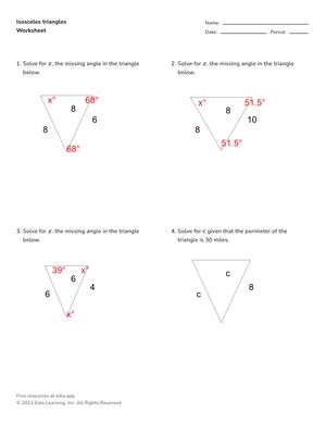 Evaluate isosceles triangles worksheet preview
