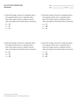 Apply law of cosines algebraically worksheet preview