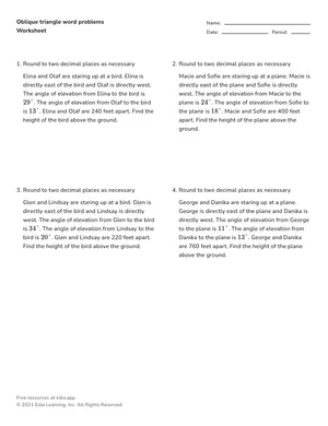 Solve oblique triangle word problems worksheet preview