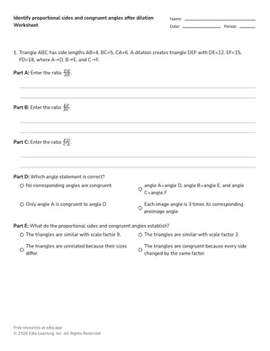 Identify proportional sides and congruent angles after dilation worksheet preview