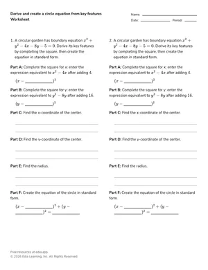 Derive and create a circle equation from key features worksheet preview