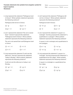 Translate statements into symbolic form (negation symbol for logical negation) worksheet preview