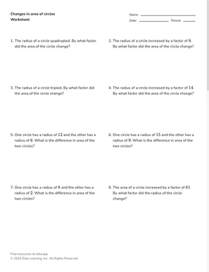 Identify changes in area of circles worksheet preview
