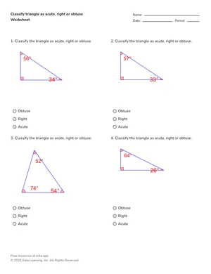 Classify triangle as acute, right or obtuse from figures worksheet preview