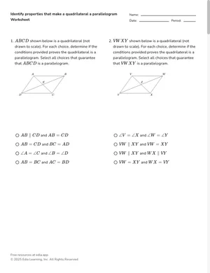 Identify properties that make a quadrilateral a parallelogram worksheet preview
