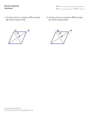 Evaluate rhombus diagonals worksheet preview