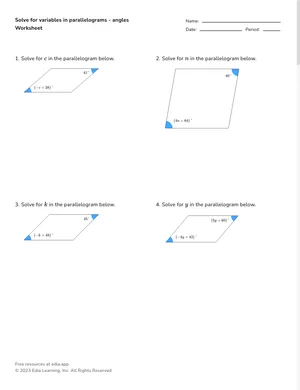 Solve for variables in parallelograms - angles worksheet preview