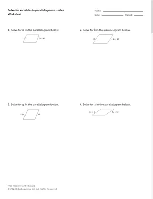 Solve for variables in parallelograms - sides worksheet preview