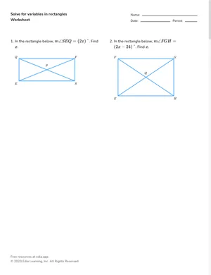 Solve for variables and other quantities involving rectangles worksheet preview