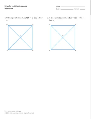 Solve for variables and other quantities involving squares worksheet preview